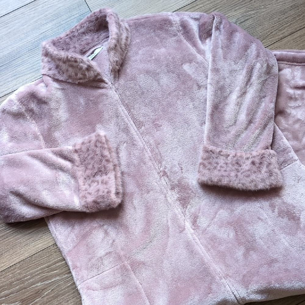 Natori Plush Lynx‎ Mandarin Zip Lounger Robe - Soft Pink Fleece Animal Print M